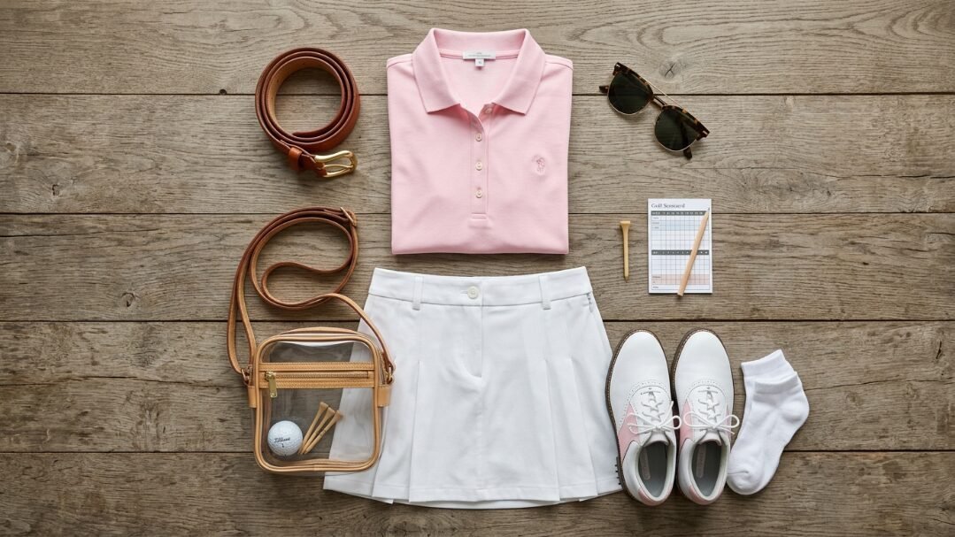 Top-down view of a pink polo, white pleated skirt, golf shoes, clear bag, scorecard, and accessories on wood planks.