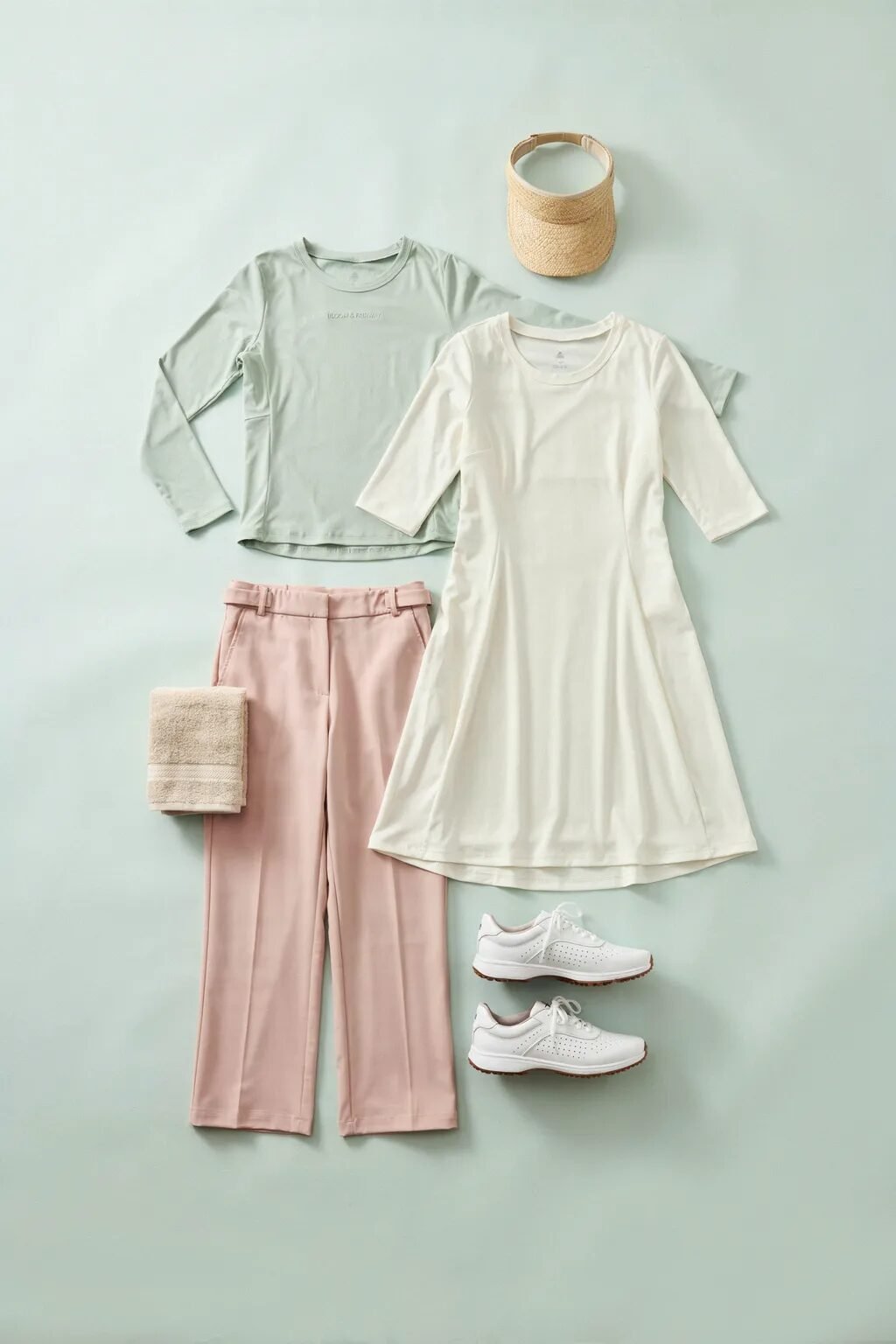 A beige sun visor, white dress, green long-sleeve top, pink trousers, white golf shoes, and a small towel.