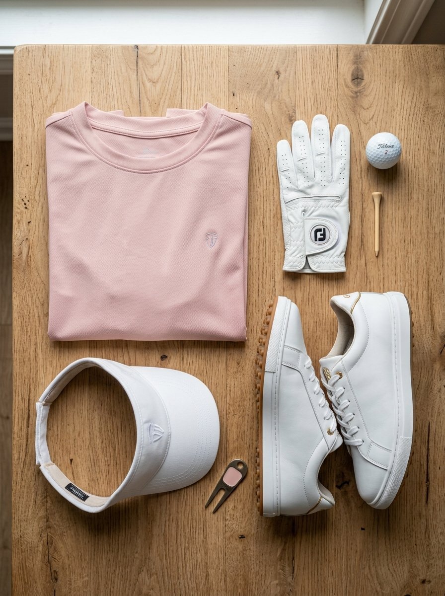 Pink polo shirt next to white golf shoes, glove, visor, ball, tee, and a divot tool on wood.