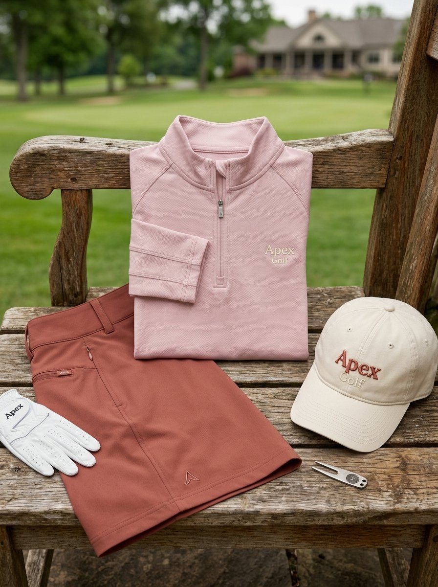 Pink quarter-zip top, terracotta skirt, cream cap, and white glove on a golf course.