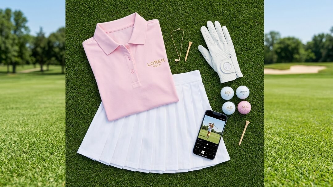 A pink Loren Golf polo and white skirt with golf balls, a glove, and a phone on a grassy course.