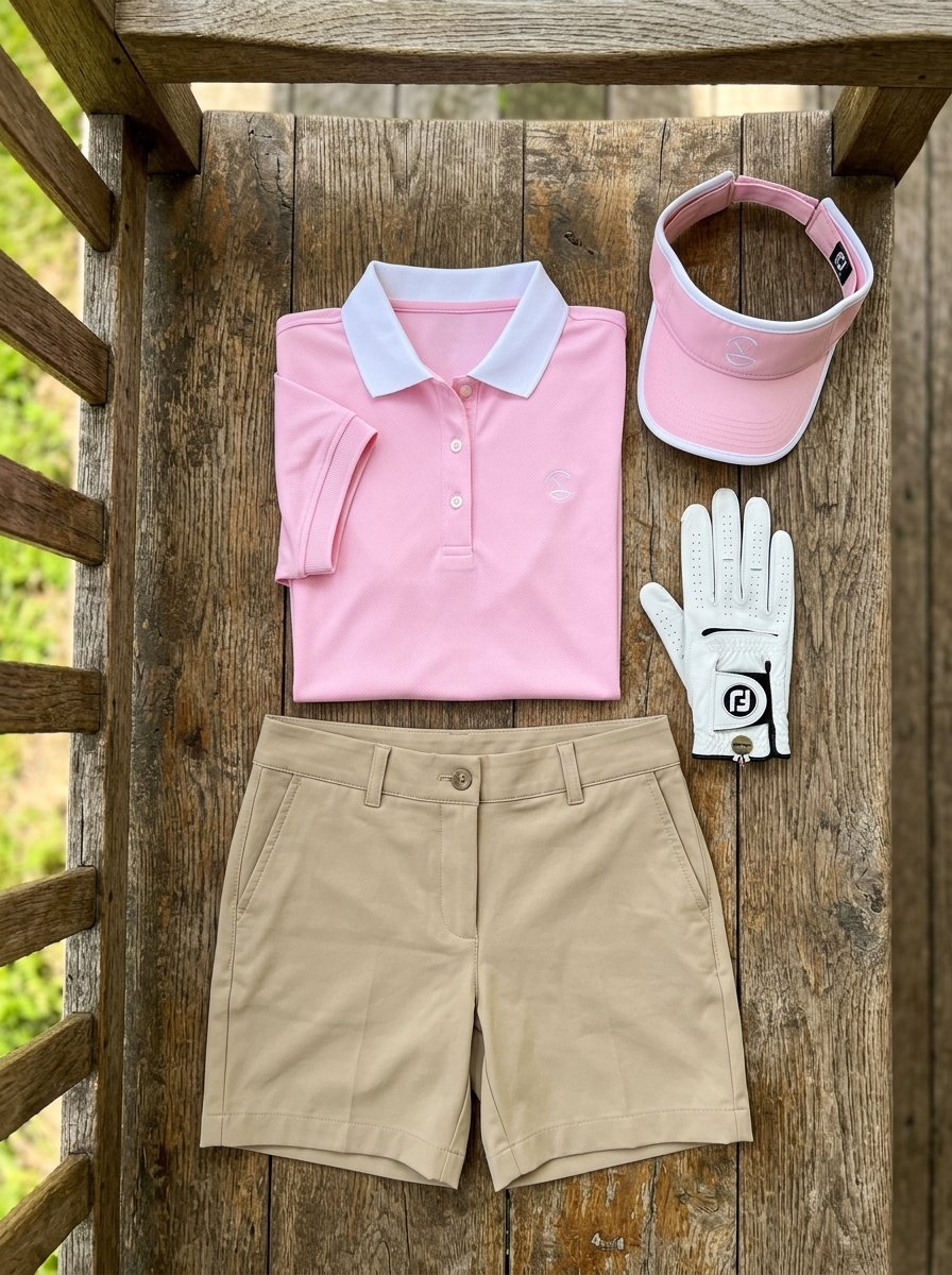 A pink polo shirt, tan golf shorts, a white visor, and a golf glove laid out on a weathered wooden surface.