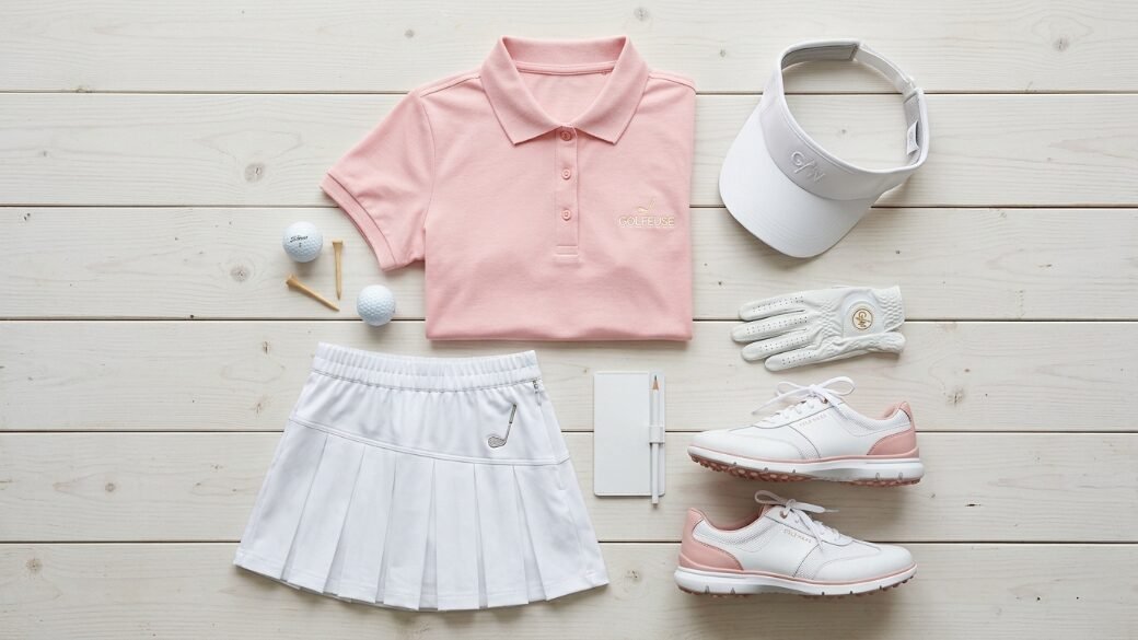 Flat lay of pink polo shirt, white pleated skirt, visor, golf shoes, gloves, balls, and tees on a wooden background.