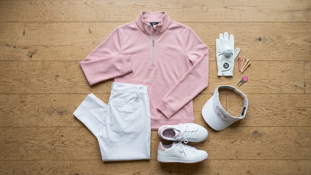 A pink Callaway quarter-zip sweater, white pants, shoes, visor, glove, and golf tees on a wooden floor.