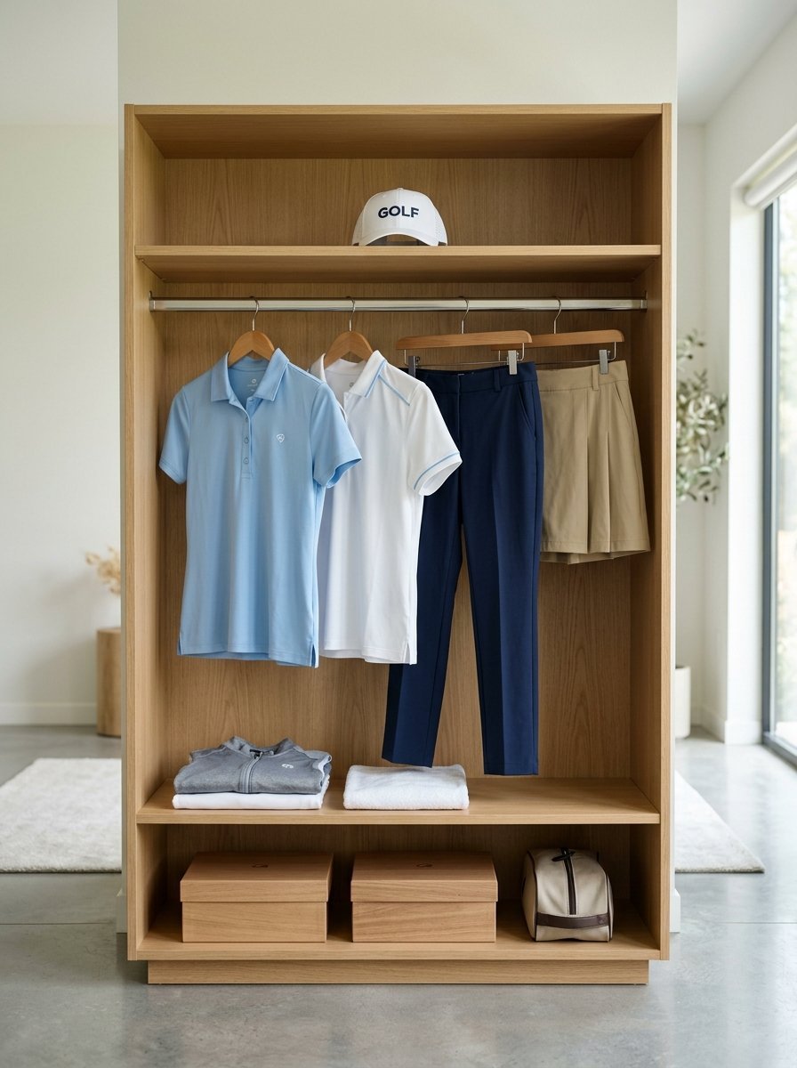 A wooden closet rack featuring shirts, trousers, a skirt, and folded sweaters with a golf cap on top.