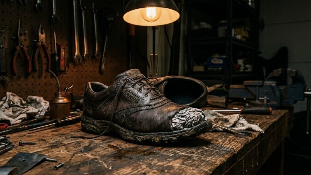 A distressed leather FootJoy golf shoe with paper stuffing in the toe sitting on a cluttered wooden garage workbench.