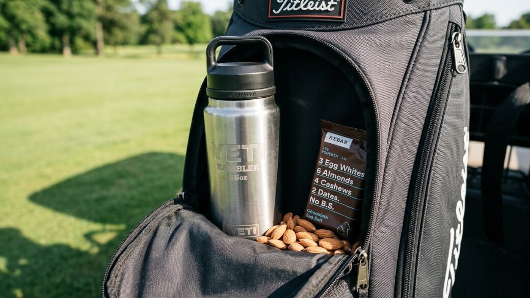Stainless steel Yeti bottle and a chocolate sea salt protein bar sitting with loose almonds inside a Titleist golf bag.