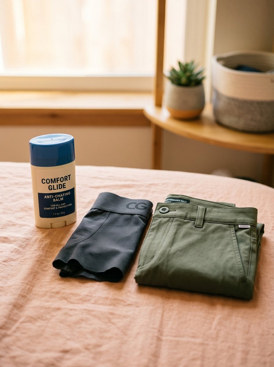 A stick of Comfort Glide anti-chafing balm, black compression shorts, and olive green golf pants on a peach bedspread.