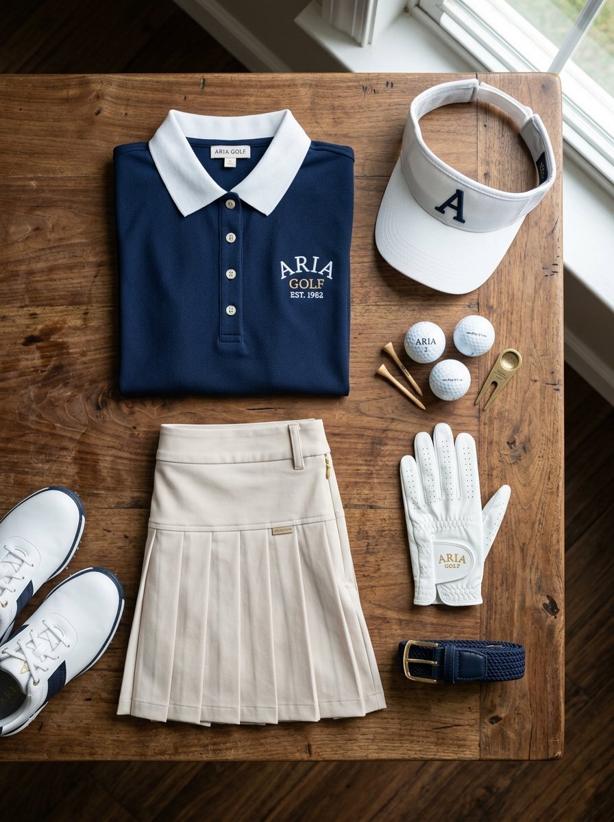 A flat lay of women's golf apparel including a navy polo, beige pleated skirt, white visor, and golf equipment.
