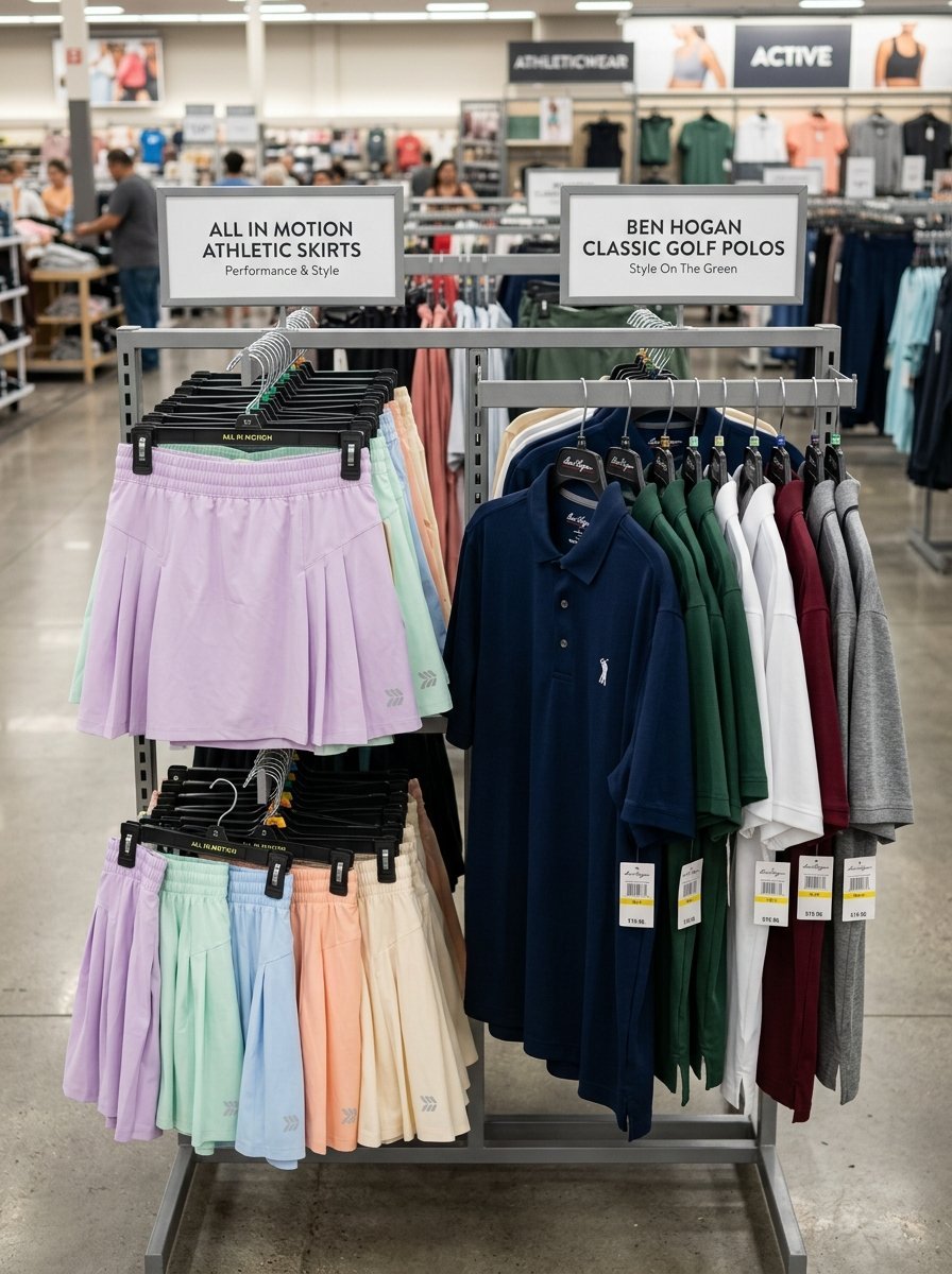 Retail rack showcasing pastel athletic pleated skirts next to a variety of men's short-sleeve golf shirts.