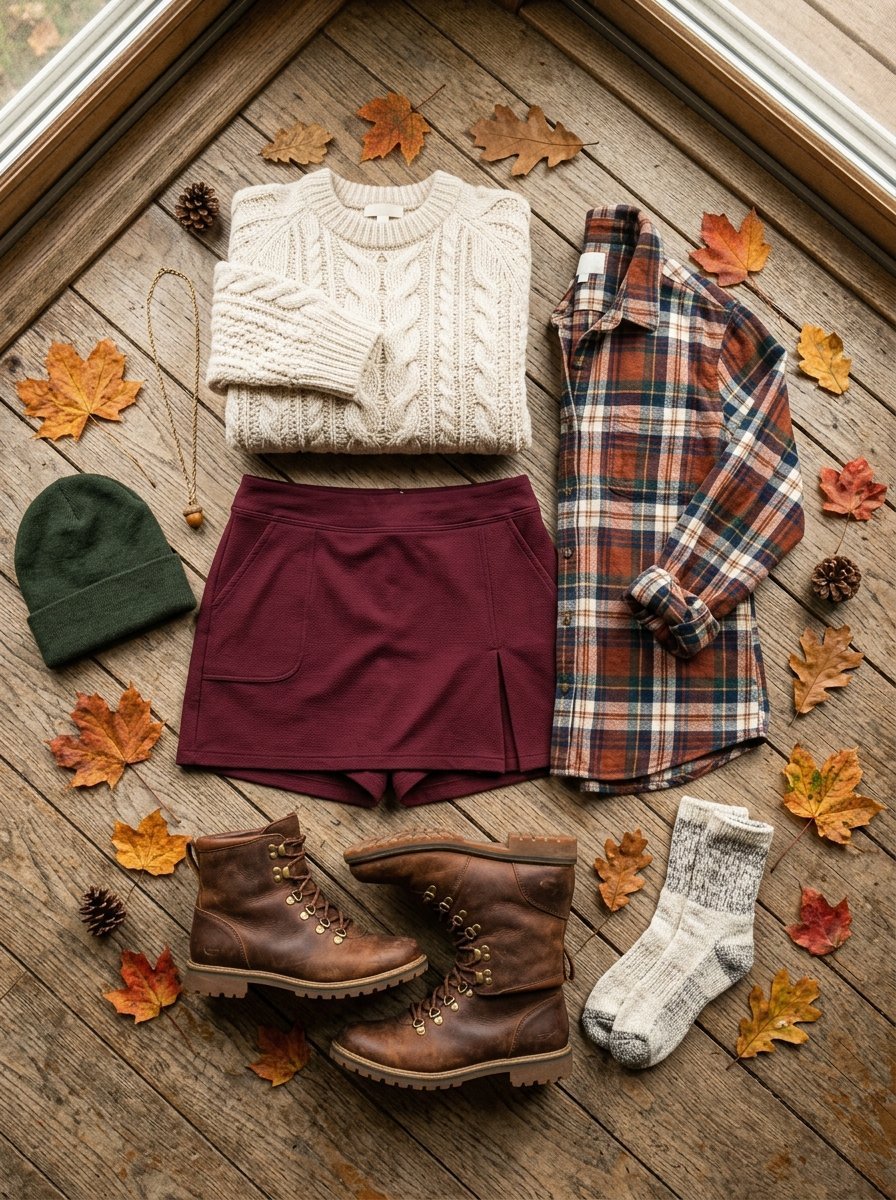 Top-down view of a cable knit sweater, plaid shirt, maroon skort, boots, and a green beanie surrounded by fall leaves.