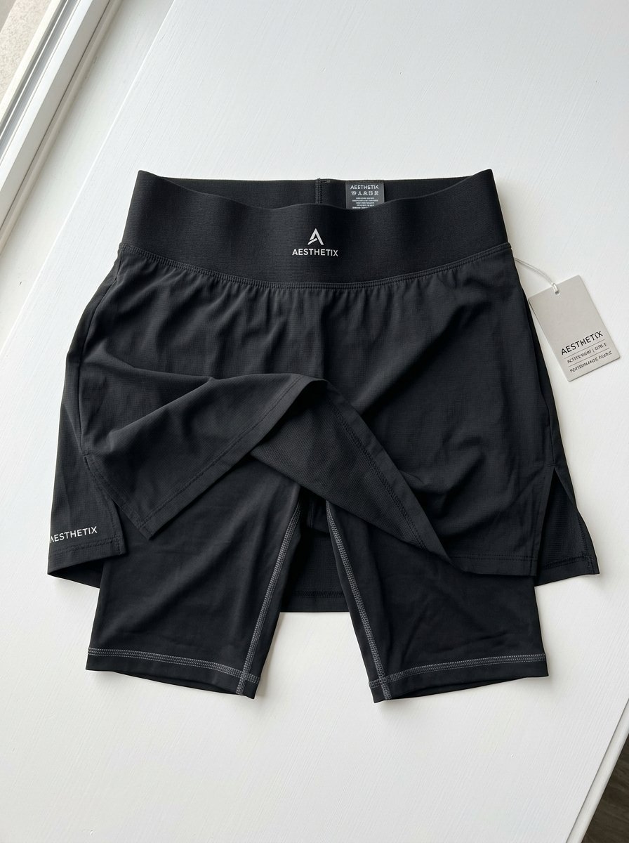 Folded black performance skort featuring a wide waistband and attached inner cycling shorts on a white background.