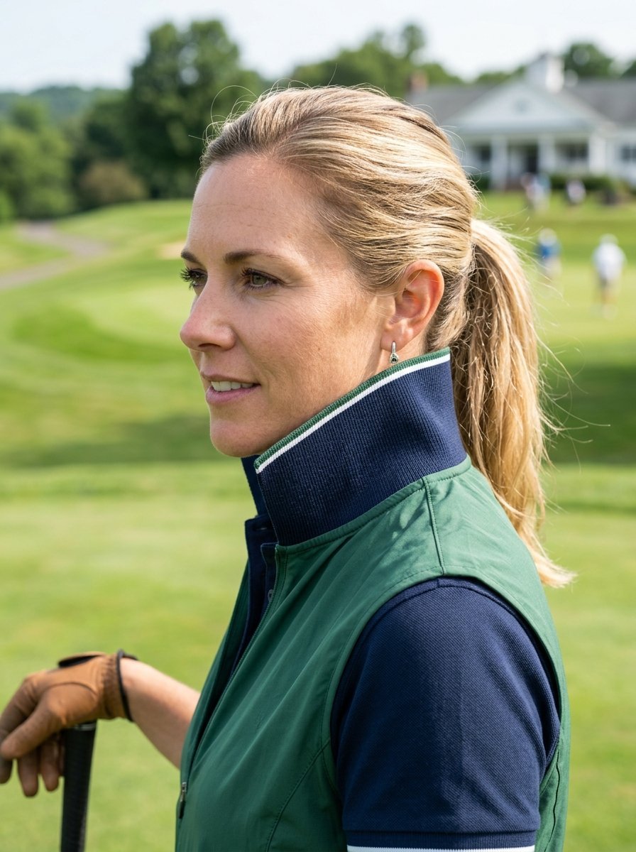 Profile shot of a woman with a blonde ponytail in golf attire standing on a fairway.