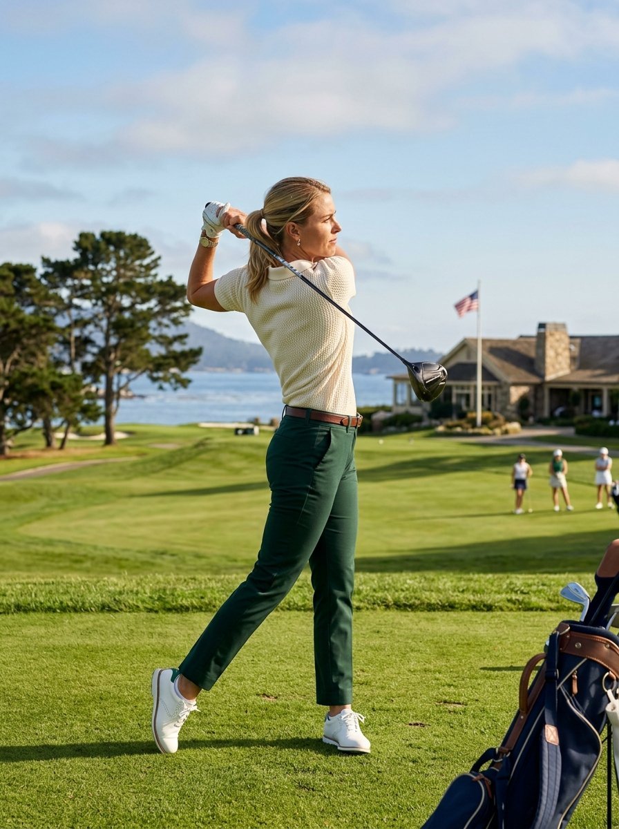 A blonde woman in a white polo and green pants hits a golf ball on a sunny course with a clubhouse in the distance.