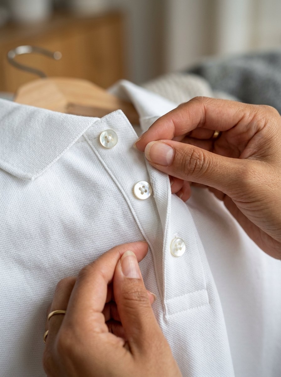 Close-up of hands buttoning a white textured polo shirt on a wooden hanger.