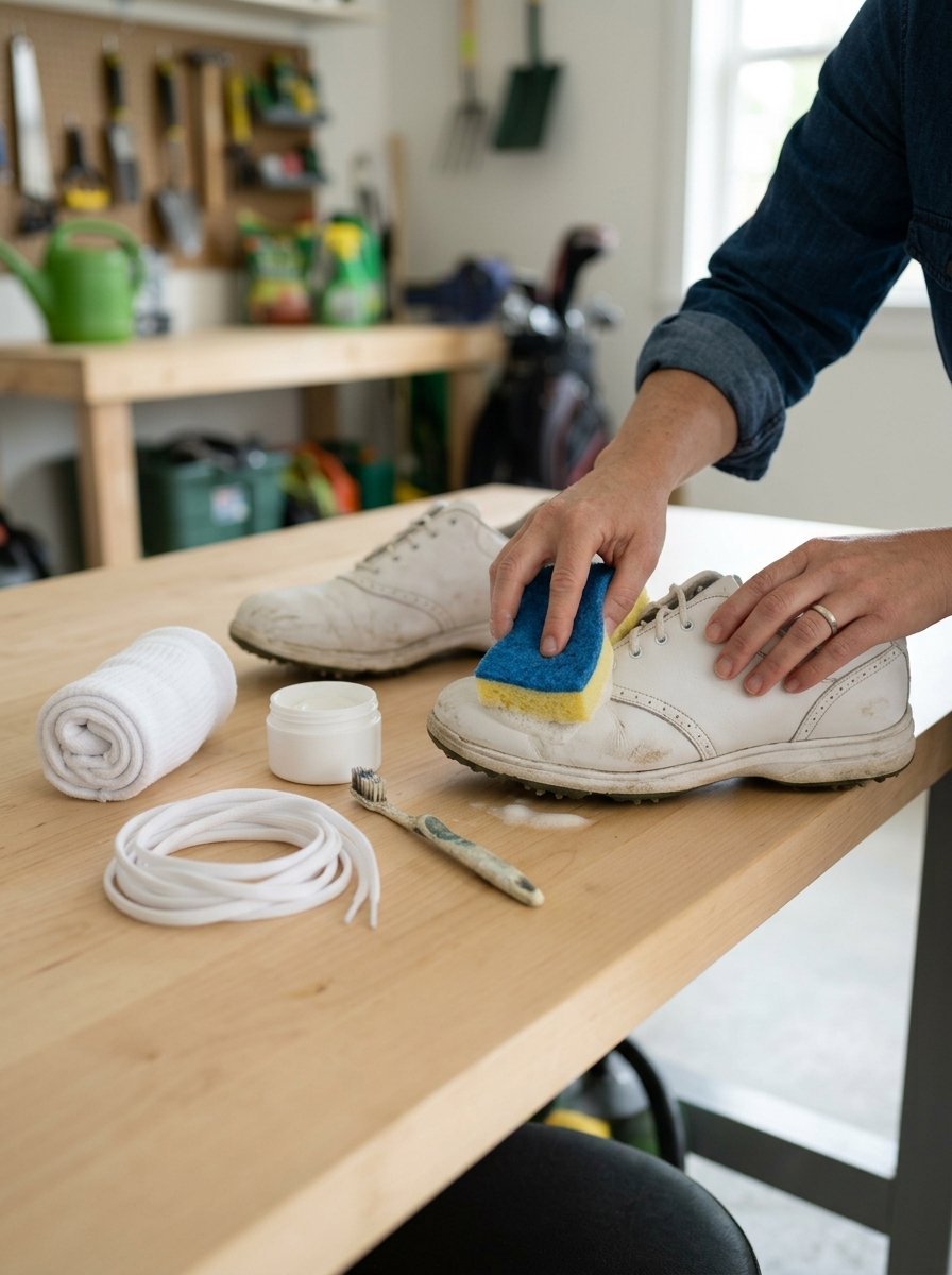 Close up of hands cleaning dirty white footwear on a wooden workbench with a sponge, white laces, and a toothbrush.