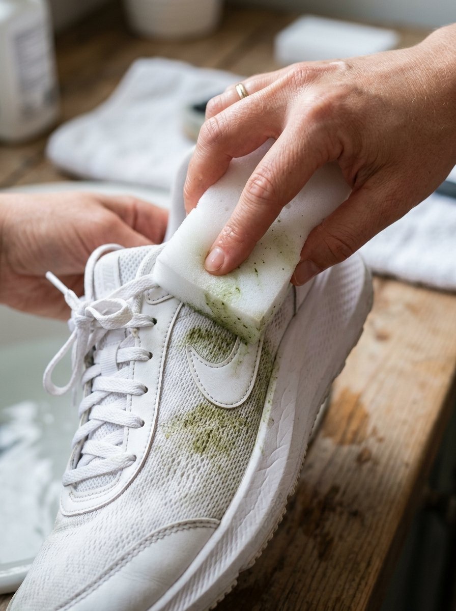 Close-up of a person using a white melamine sponge to clean grass stains off a white tennis shoe.