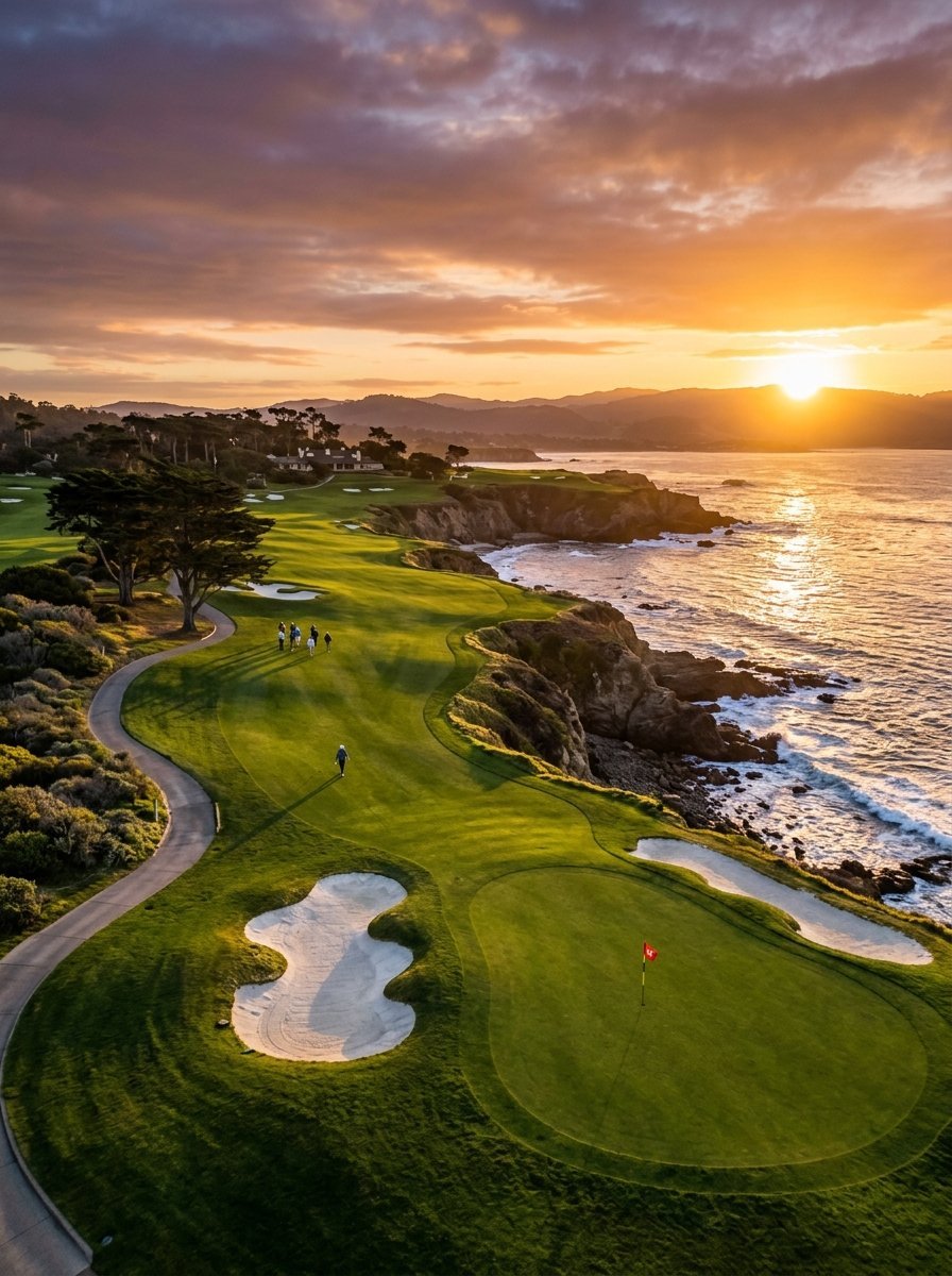 Golfer walking on a lush fairway overlooking the ocean at golden hour with dramatic sky.
