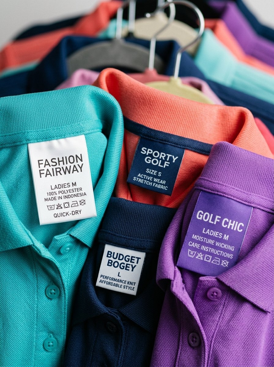 Close-up view of multiple textured polo shirts in teal, orange, navy, and purple hanging on clothes hangers.