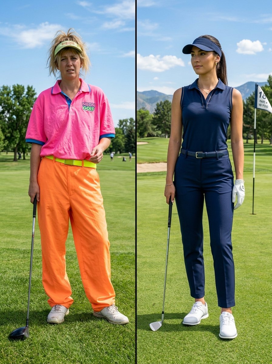 Two women on a golf course showing a contrast between bright, casual neon clothing and elegant, dark athletic wear.