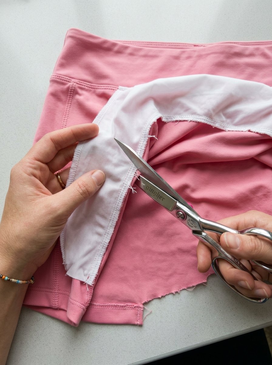 Close-up of hands using scissors to carefully cut along the white lining of pink workout shorts.