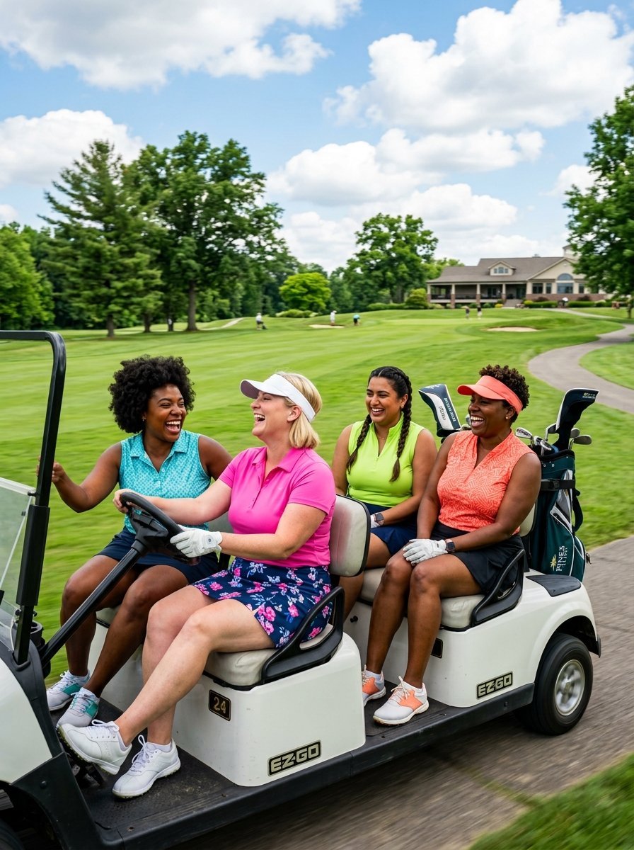 Four diverse women in athletic wear laughing while riding on a golf cart on a sunny day at a golf course.