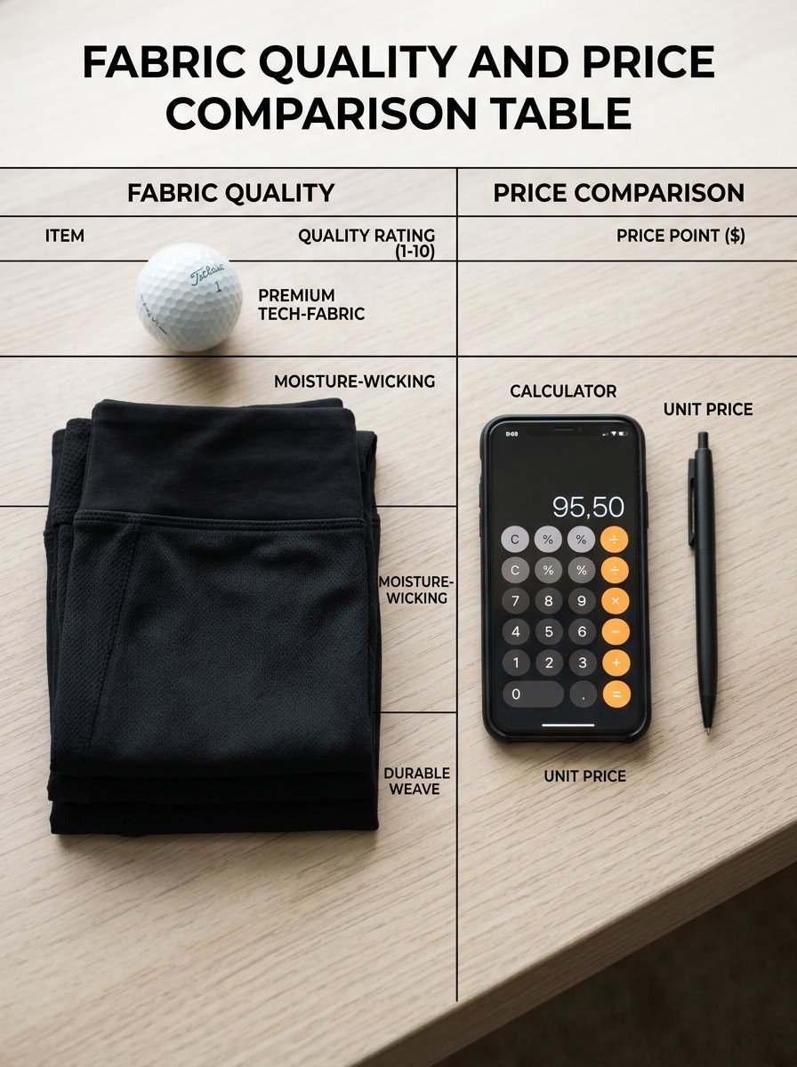 An infographic comparing textile quality with a golf ball, folded fabric, smartphone calculator, and a pen.