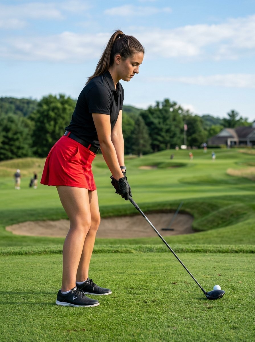 Golfer in a black polo and red skirt lining up a shot on a sunny green golf course.