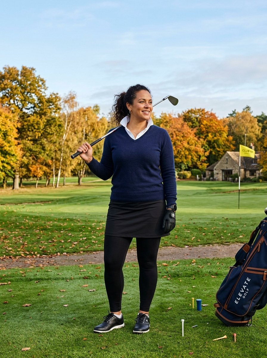 A woman in a navy sweater and black skirt stands on a golf course with fall foliage and a bag nearby.