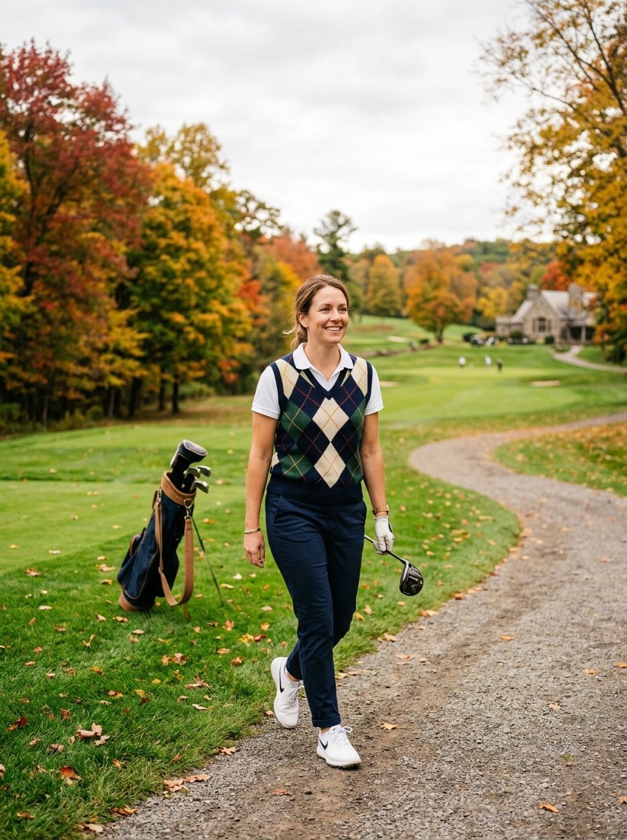 A woman in an argyle sweater vest walks down a gravel path on a golf course during fall foliage.