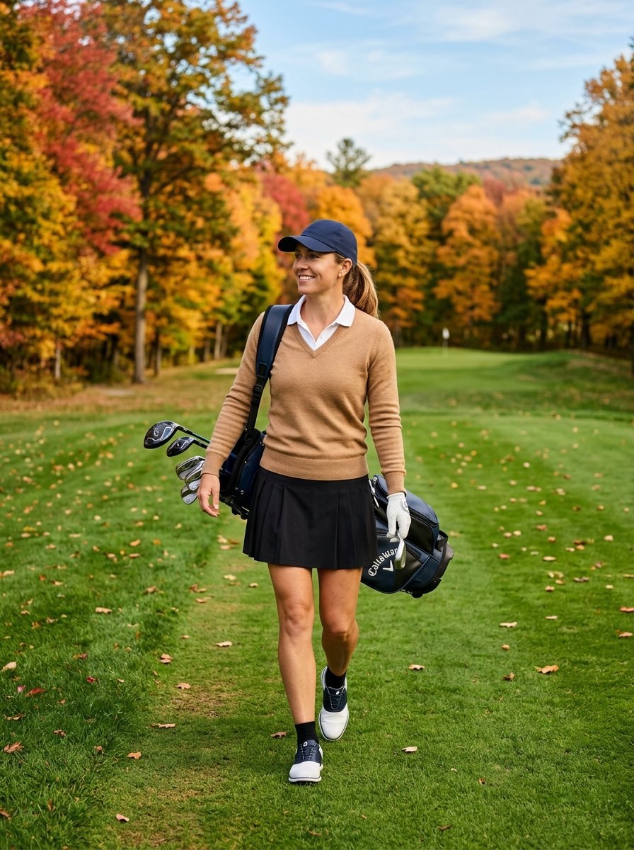 Smiling female golfer in a tan sweater carrying a golf bag through a scenic forest with fall foliage.