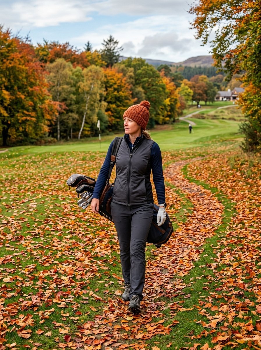 Golfer in a beanie walking along a path scattered with orange leaves on a scenic golf course.