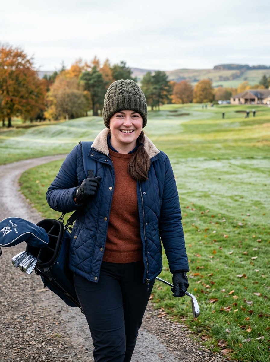 A smiling woman in a knit beanie and navy quilted jacket walking on a golf course with clubs.