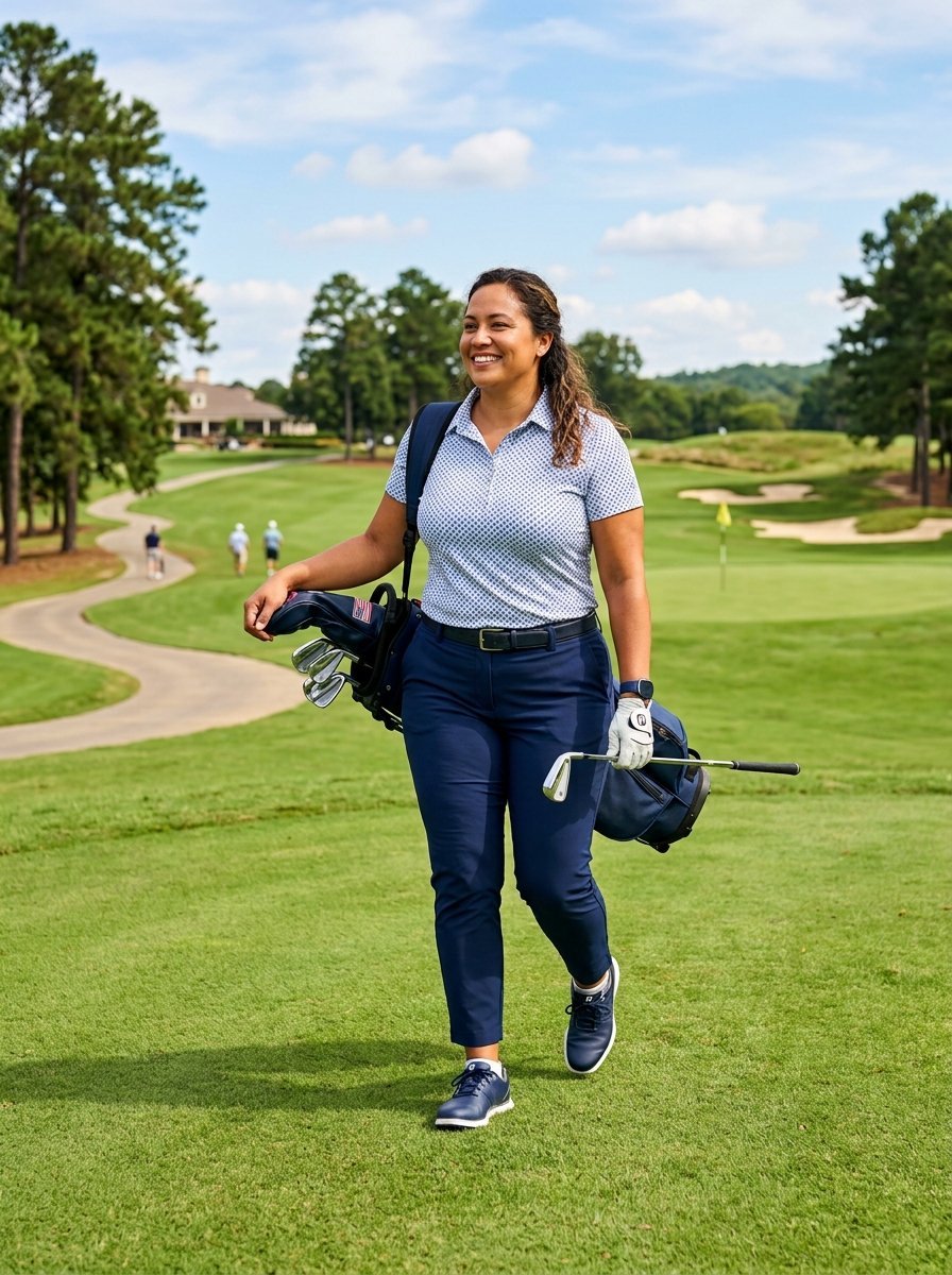 Golfer wearing a patterned shirt and navy trousers carries a bag with clubs while walking on a grassy course.