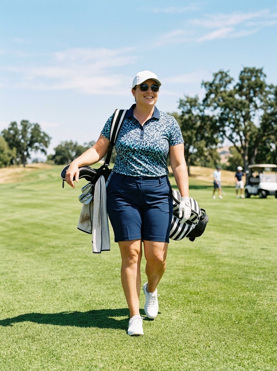 Smiling female golfer in blue patterned shirt and shorts carrying a striped golf bag on the course.