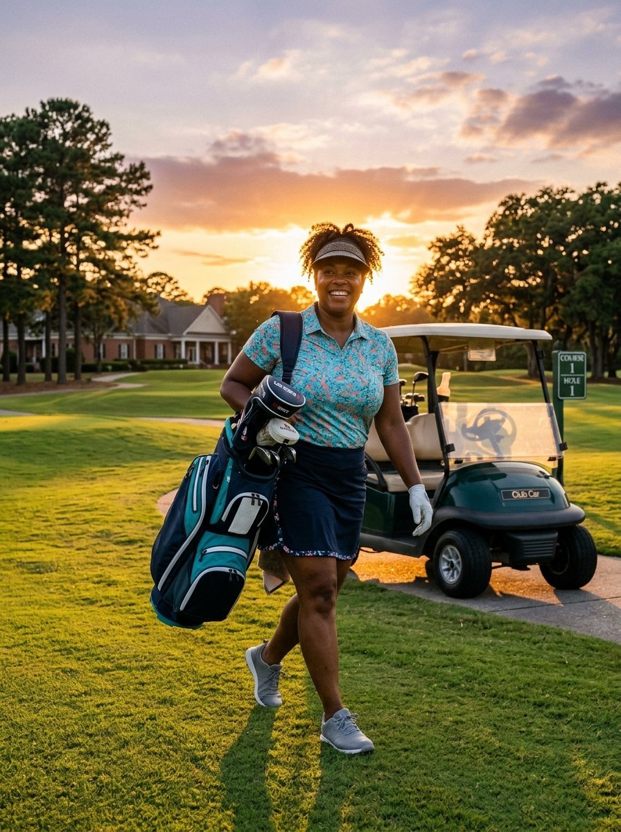 A joyful woman wearing a visor and polo walks on a golf course at sunset with her bag beside a parked cart.
