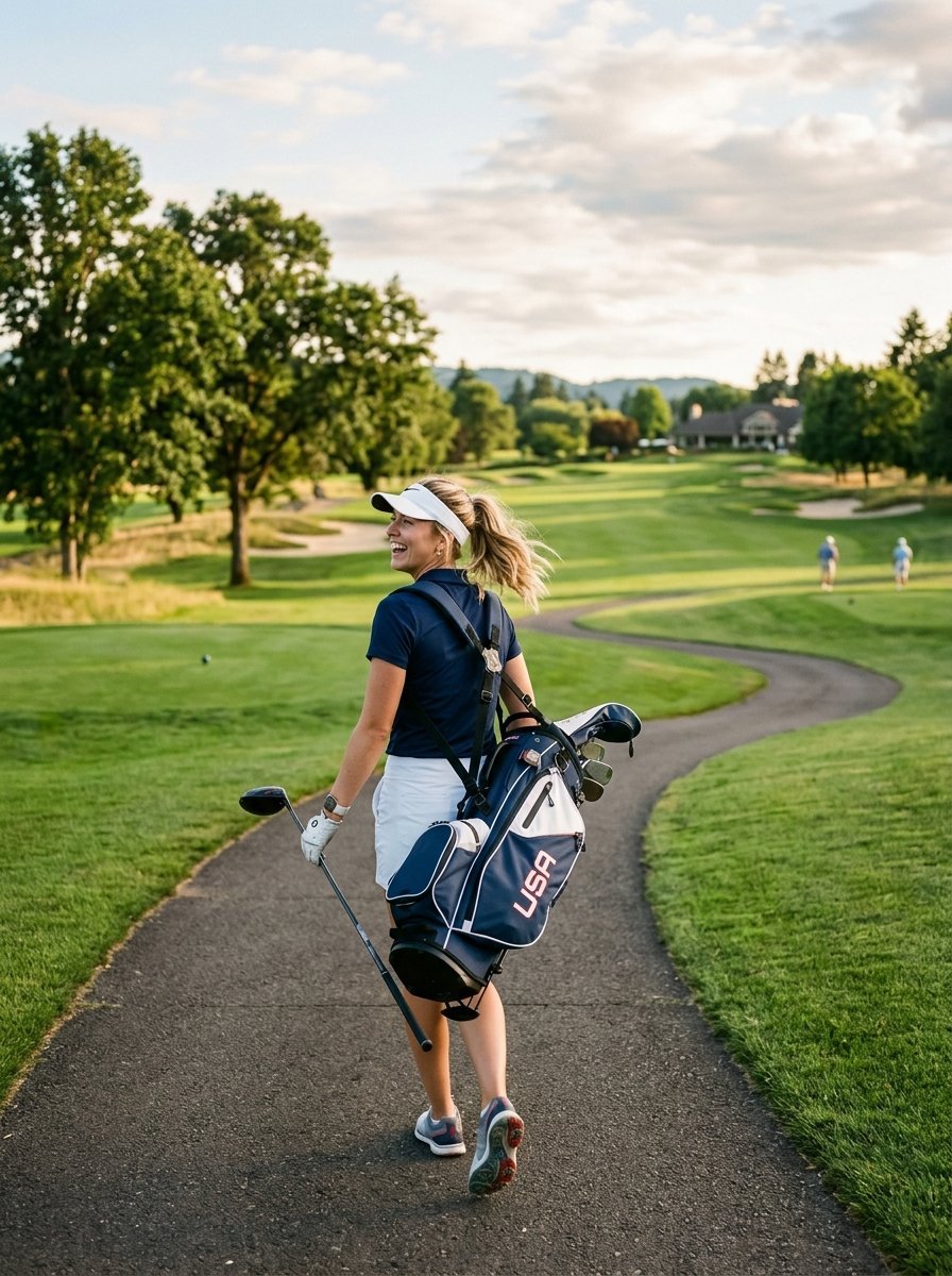 Young woman wearing a white visor and navy polo walks down a golf course path carrying a USA branded golf bag.