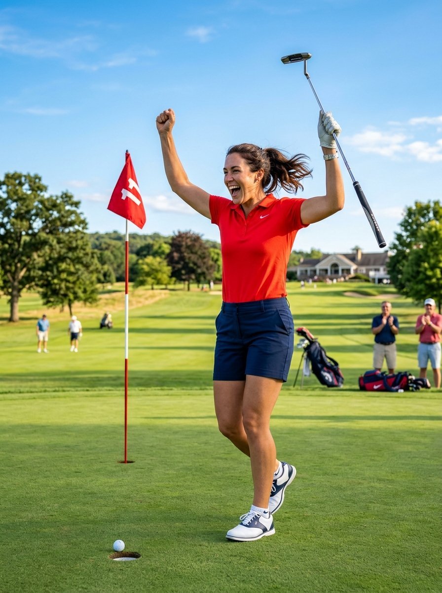 A woman in a red polo shirt celebrating a successful golf shot on a sunny green near the hole.