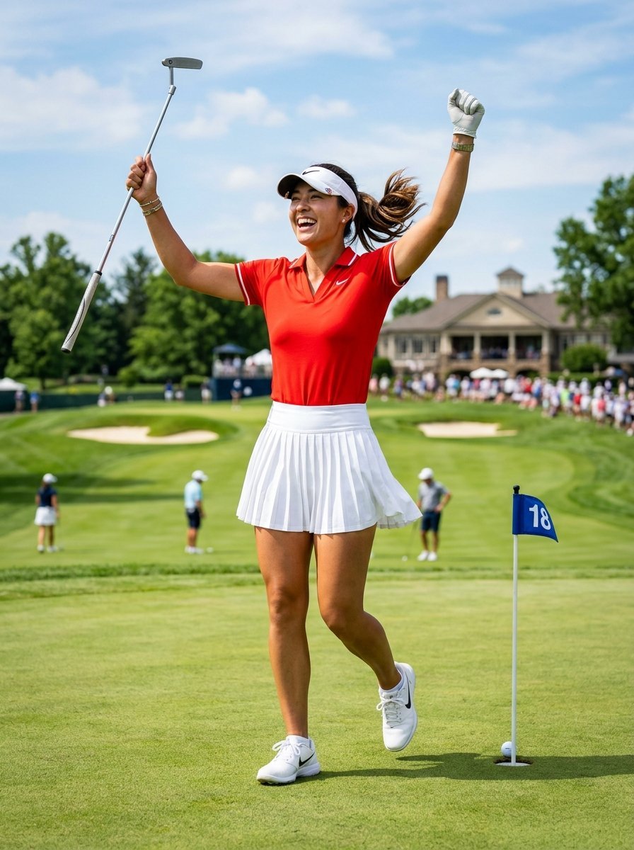 A female golfer in a red shirt and white skirt raises her arms in triumph on a golf green near the 18th hole flag.