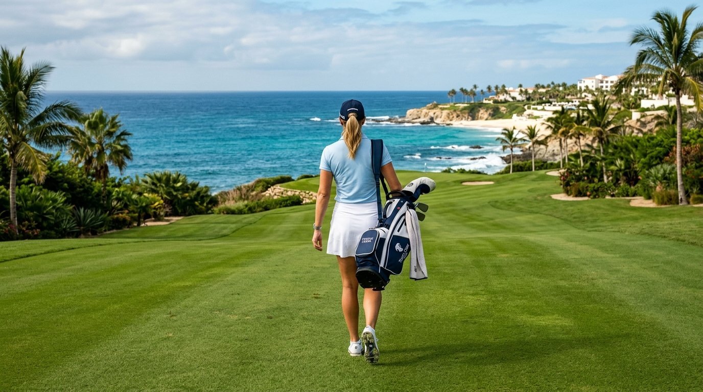 Golfer carrying a bag walking towards the sea on a lush green tropical course.
