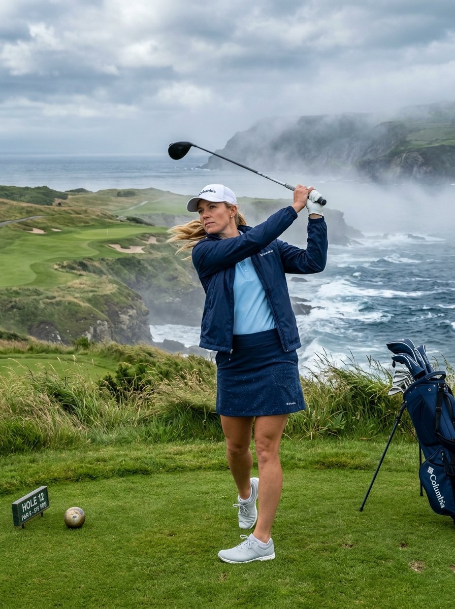 Blonde woman in sportswear drives a golf ball near a foggy cliff edge overlooking the crashing sea.