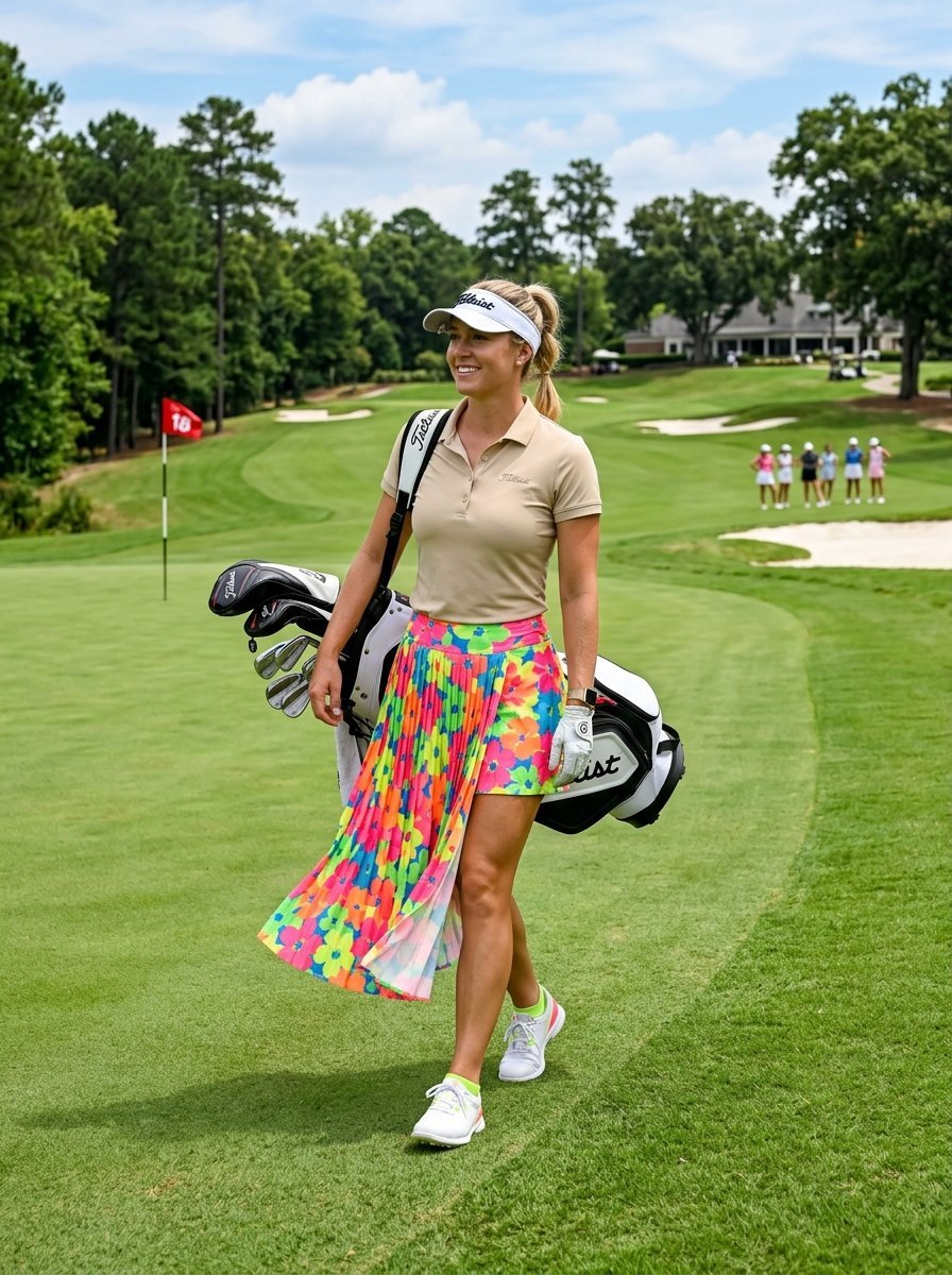Professional golfer wearing a floral skirt and visor walks across a putting green with a bag of clubs.