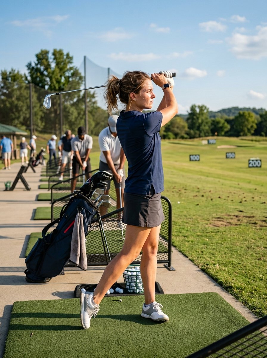 Young woman in navy shirt and skirt swinging a golf club on a grassy driving range
