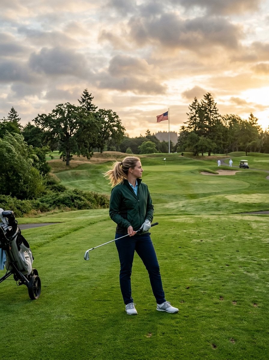Woman golfer in a dark jacket stands on a green fairway with a golf bag nearby during a golden hour sunset.