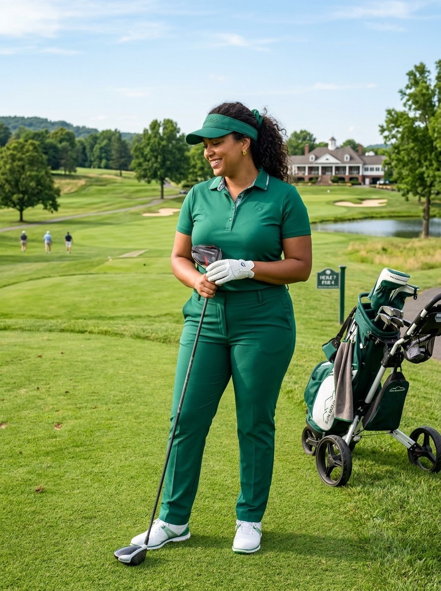 A golfer wearing a green polo and visor stands on a sunny course with her push cart nearby.