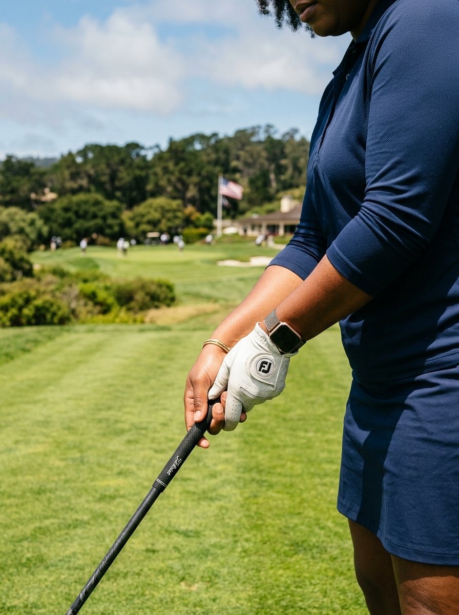 Close-up of a person with a white golf glove and wristwatch holding a club on a green fairway.