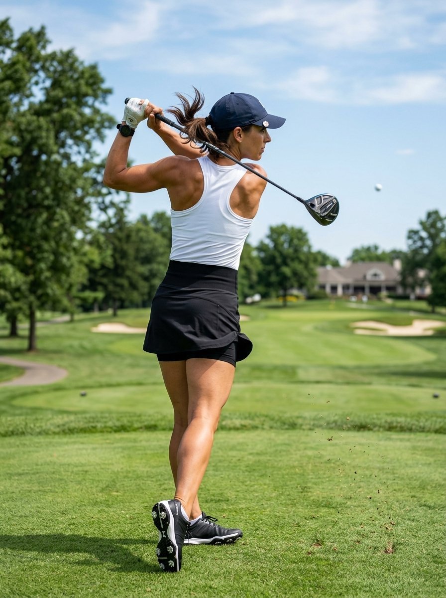Golfer in a white tank top and black skirt mid-swing on a sunny golf course.