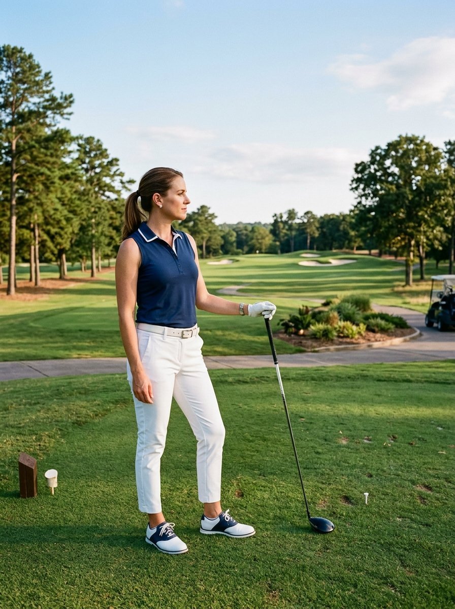 A woman wearing a navy polo and white trousers holding a driver on a sunny golf course.