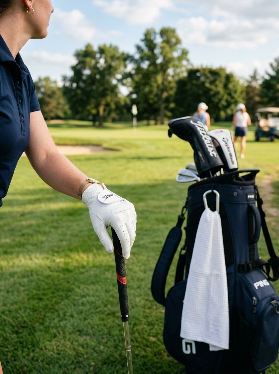 A golfer in a navy polo holds a club, with a blue Ping golf bag and white towel nearby on the green.