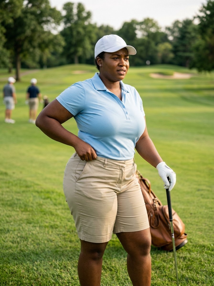 A golfer in a white hat and beige shorts standing on a course with a leather bag and club.